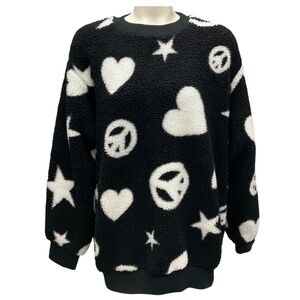 LOVE MOSCHINO BLACK / WHITE HEART STAR PEACE FAUX SHERPA SWEATER